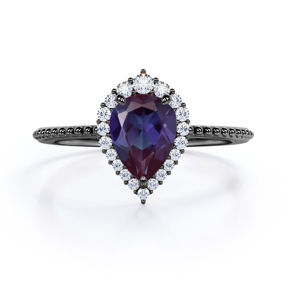 Vintage Beaded 1.35 Carat Tear Drop Lab Created Alexandrite And Diamond Halo Engagement Ring In White Gold