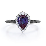 Vintage Beaded 1.35 Carat Tear Drop Lab Created Alexandrite And Diamond Halo Engagement Ring In White Gold