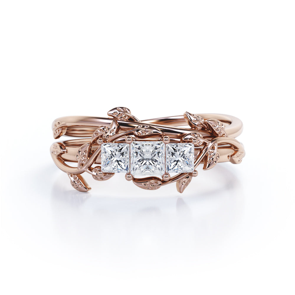 1.25 Carat Princess Cut Near Colorless Moissanite And Diamond Three Stone Wedding Ring Set In White Gold