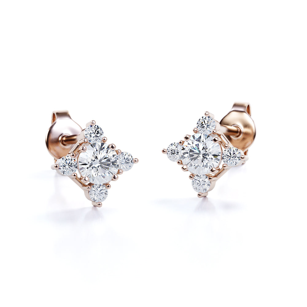 Dainty Sunburst 1.15 Carat Round Certified Moissanite and Diamond Shared Prong Stud Earrings in Yellow Gold