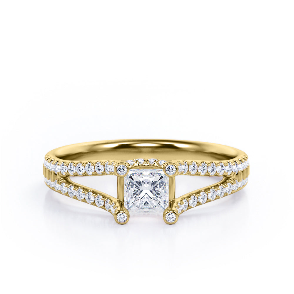 Decorated Prong 0.50 TCW Princess Cut Diamond Split-Shanked Pave Design Engagement Ring in 10K White Gold