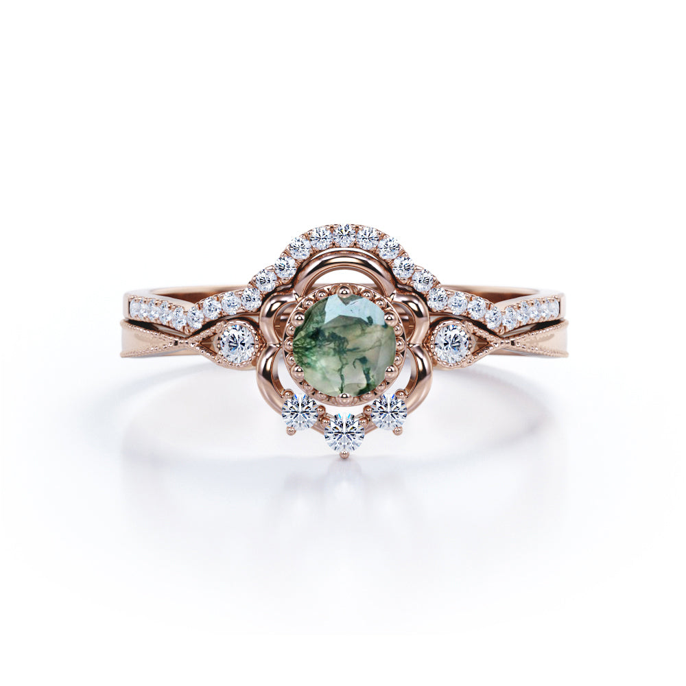 Exceptional Handcrafted Flower 0.8 carat Round Moss Agate and Moissanite Wedding Set in White Gold