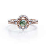 Exceptional Handcrafted Flower 0.8 carat Round Moss Agate and Moissanite Wedding Set in White Gold