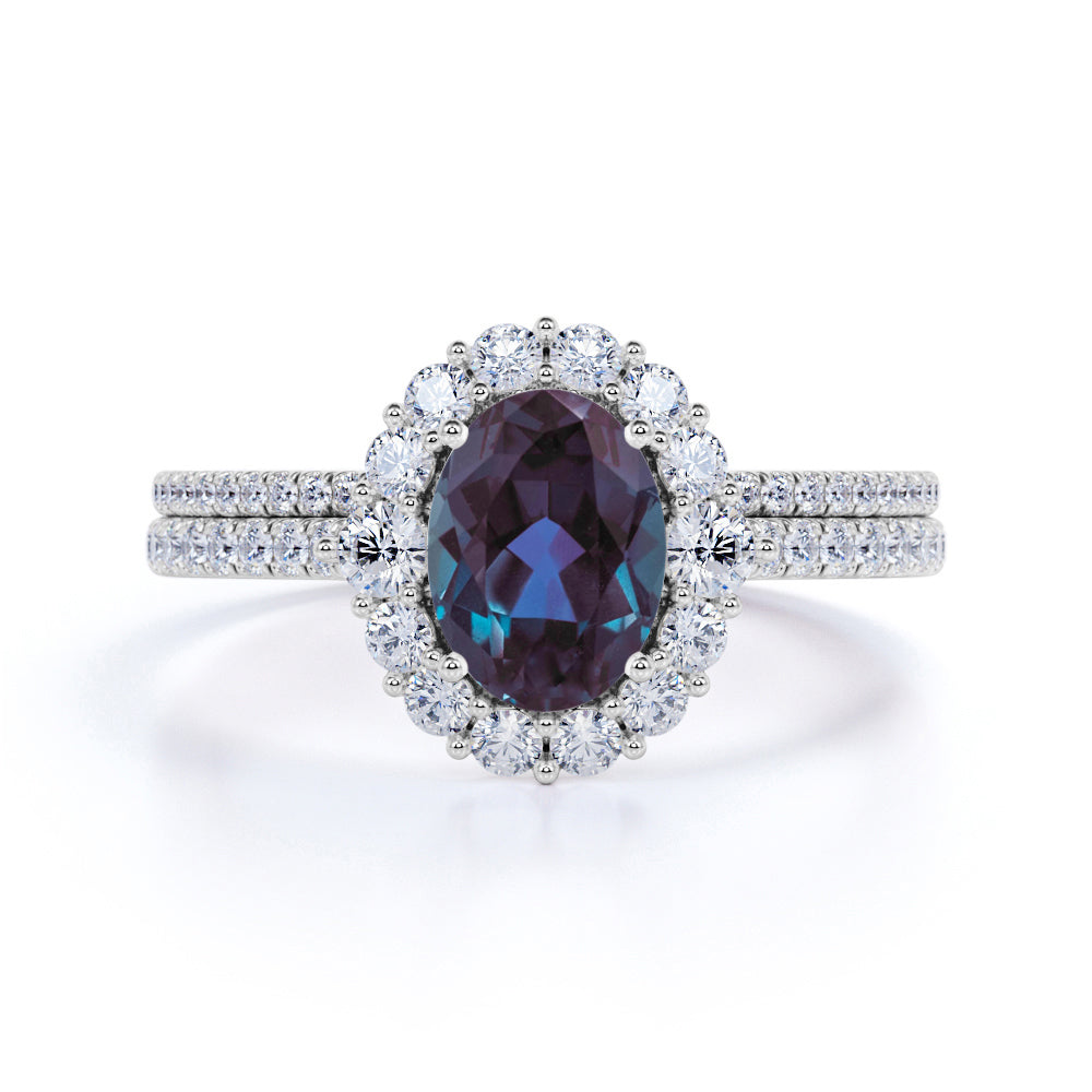 Snowflake Halo 1.75 Carat Oval Cut Simulated Alexandrite and Diamond Pave Bridal Set Rings