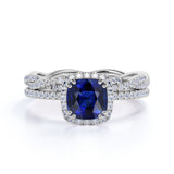 Classic Pave 2.25 Carat Cushion Cut Sapphire and Diamond Halo Bridal Set with Infinity Band in White Gold