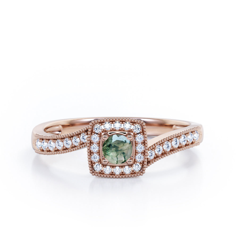 Flush-Prong Halo 1.25 Carat Round Cut Green Moss Agate and diamond Milgrain-Edged Pave Channel Engagement Ring in White Gold