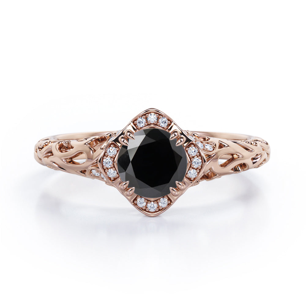 Cushion Framed 1.10 Carat Round Cut Black Diamond Halo Art Deco Engagement Ring In White Gold