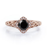 Cushion Framed 1.10 Carat Round Cut Black Diamond Halo Art Deco Engagement Ring In White Gold