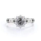 Tapered Shank 1 Carat Round Cut Natural Salt and Pepper Diamond Sunflower Halo Engagement Ring in 10k White Gold