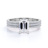 1.75 Carat emerald cut Moissanite and Diamond Trio Wedding Ring Set in 10k Rose Gold