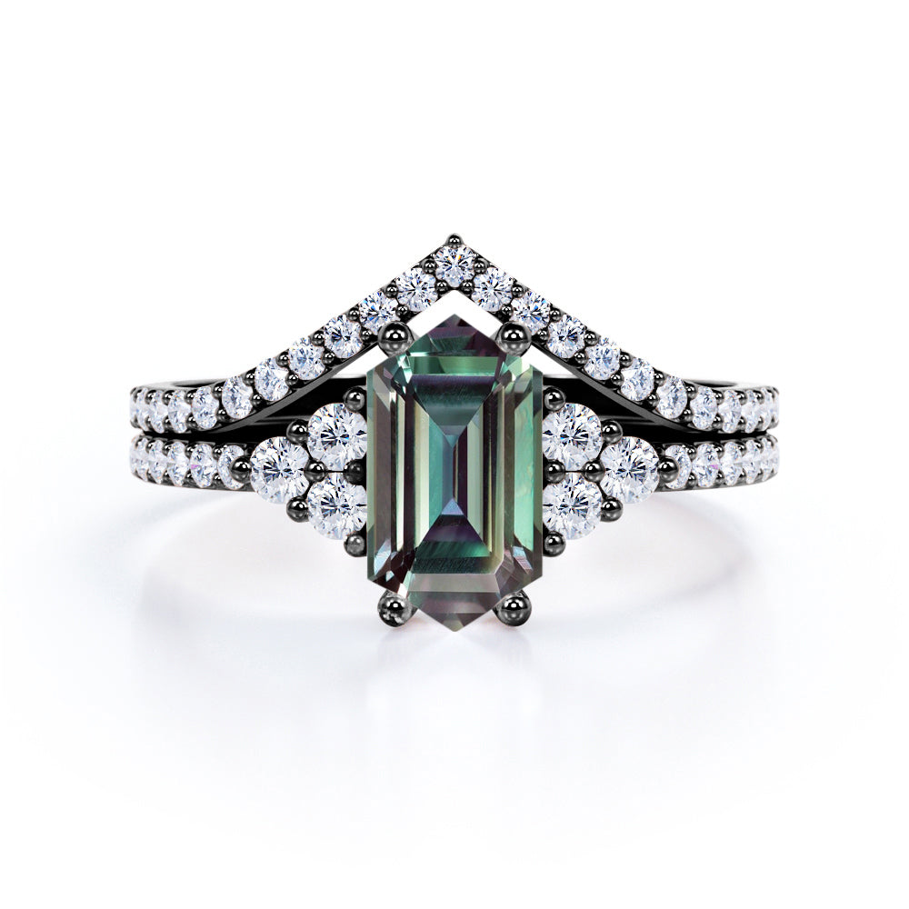 7 Stone Pave Set 1.60 Carat Hexagon Cut Lab Created Alexandrite And Diamond V Shaped Wedding Ring Set In White Gold