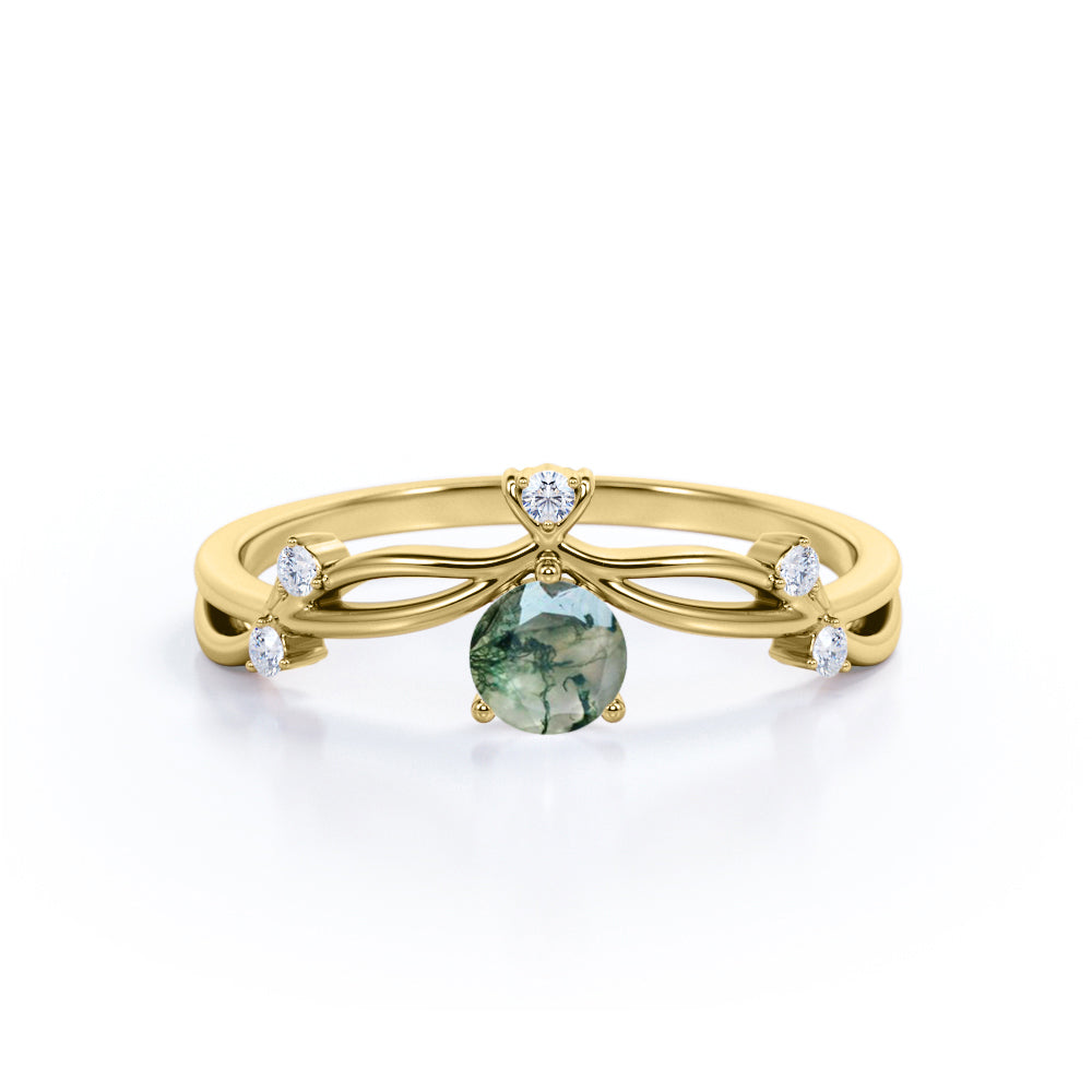 Twisted Up-Side Down 0.55 carat Round Moss Agate and Moissanite Engagement Ring in White Gold