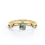 Twisted Up-Side Down 0.55 carat Round Moss Agate and Moissanite Engagement Ring in White Gold