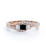 Trellis Three Stones 1 carat Princess Black Diamond Braided Engagement Ring in Rose Gold