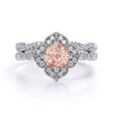 Art Deco 1.50 Carat Round Cut Peach Morganite and Diamond Bridal Ring Set in White Gold