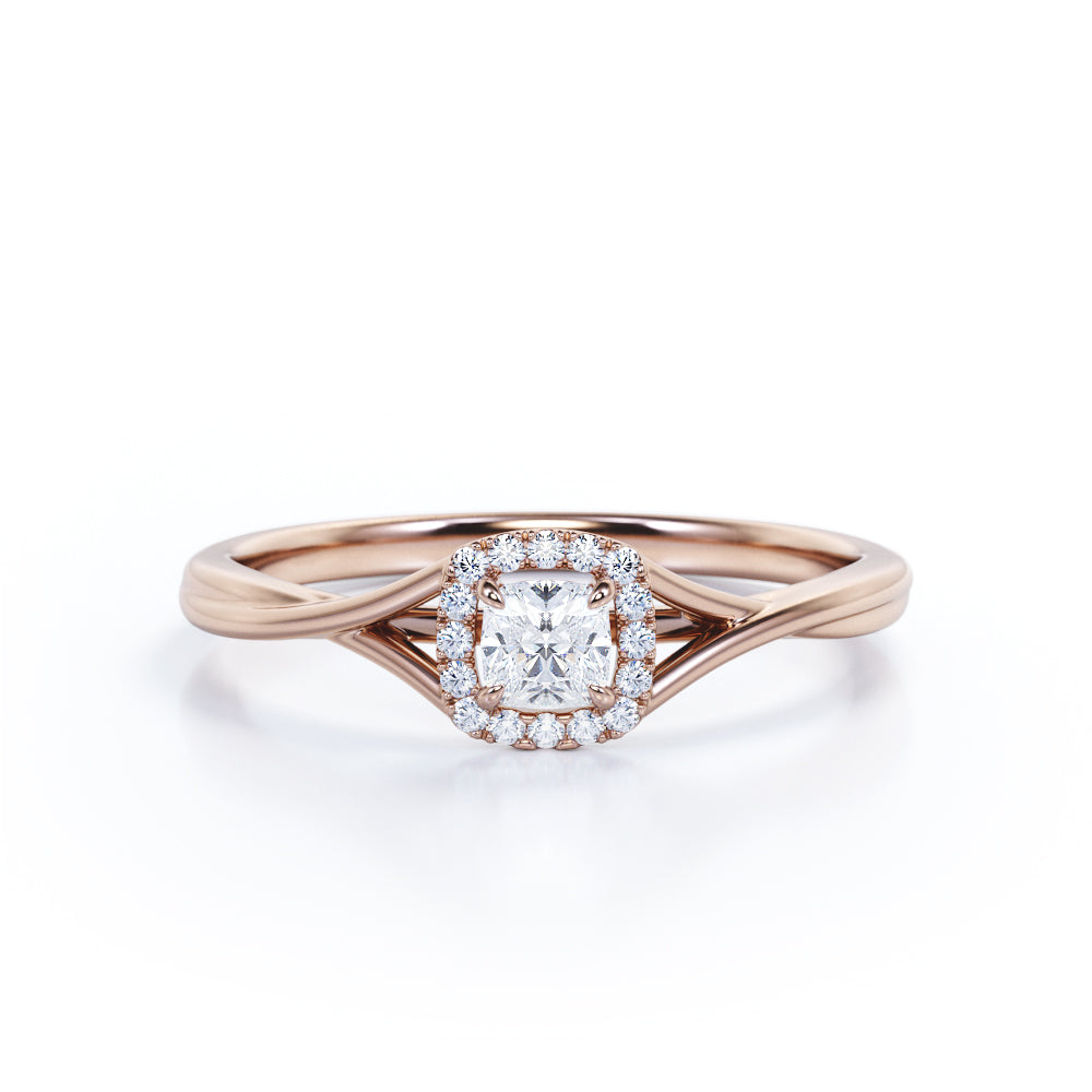 Beautiful Halo 0.75 carat Cushion Moissanite and Diamond Split Shank Engagement Ring in White Gold