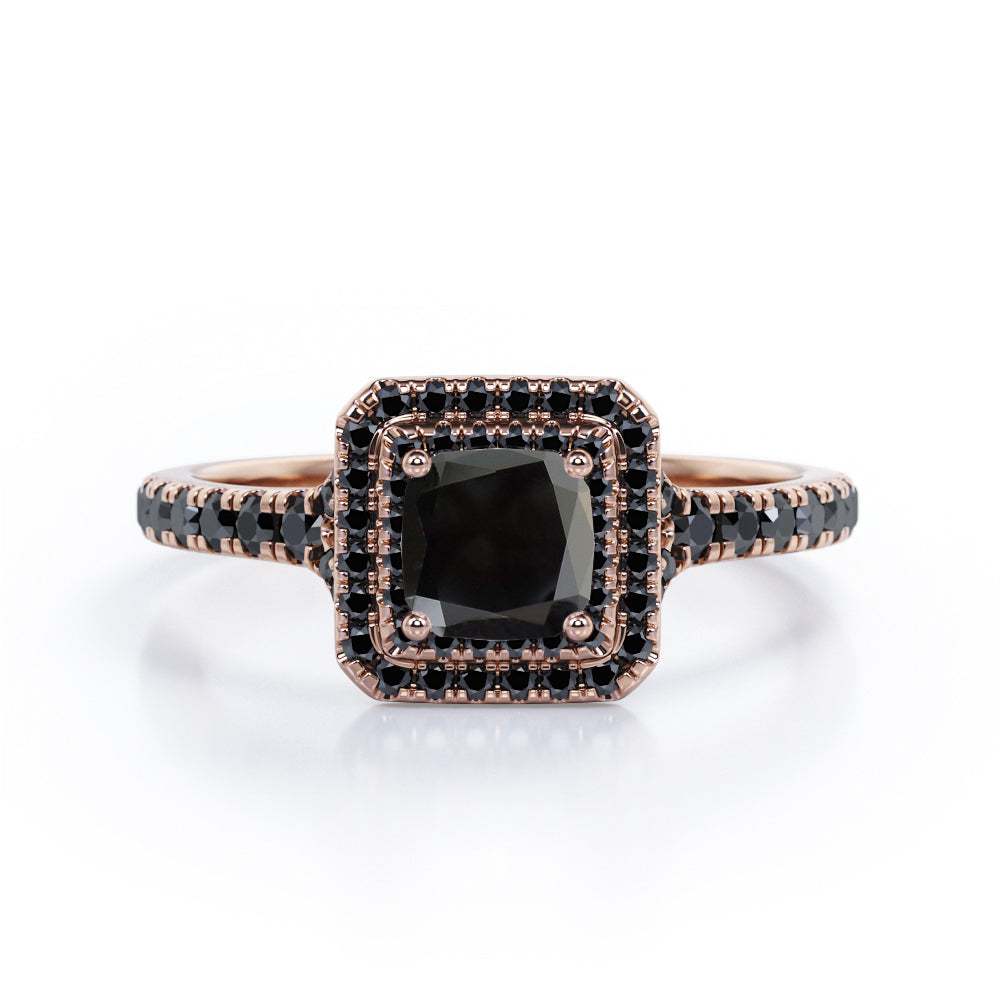 Double Halo Design - 1.45 TCW Princess Cut Lab Created Black Diamond - Engagement Ring with Pave Accents in White Gold