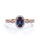 Four Claws Under Halo 1.50 Carat Oval Cut Synthetic Alexandrite and Diamond Marquise Dot Art Deco Engagement Ring