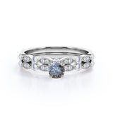 Classic 0.60 Carat Round Cut Natural Salt And Pepper Diamond Art Deco Wedding Ring Set In White Gold.