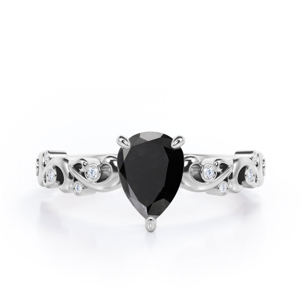 Vintage Style Scroll 0.5 carat Pear Black Diamond Engagement Ring in Rose Gold