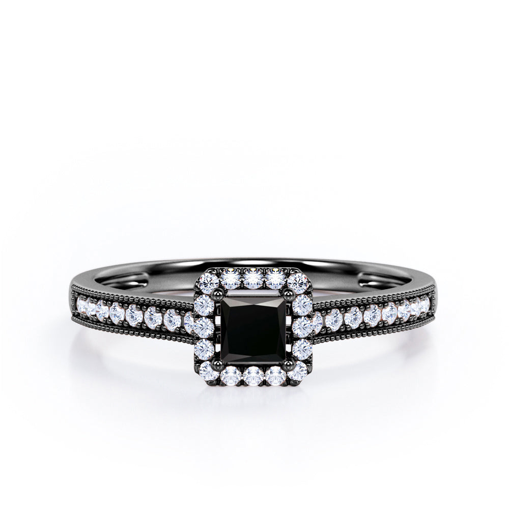 Halo Design 1.25 Carat Princess Cut Black Diamond Milgrain-Bordered Pave-Channel Engagement Ring in White Gold