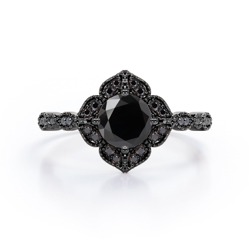 1.5 ct Round Lab Black Diamond Vintage Flower Engagement Ring