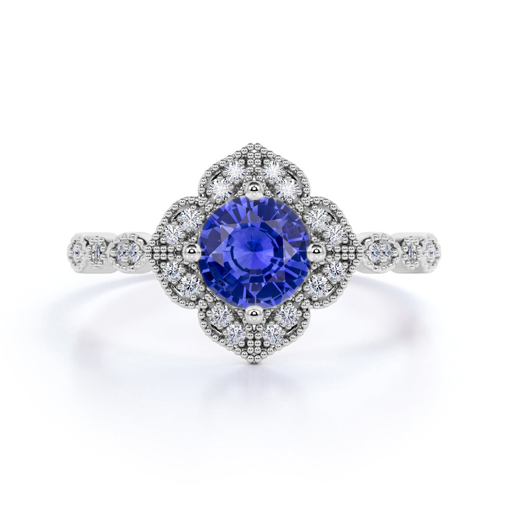 Big 1.25 Carat Round Cut Sapphire and Diamond Engagement Ring in 10k Rose Gold