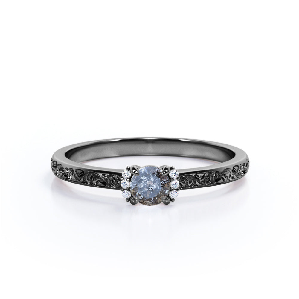 0.75 Ct Round Salt and Pepper Diamond Art Deco Engagement Ring