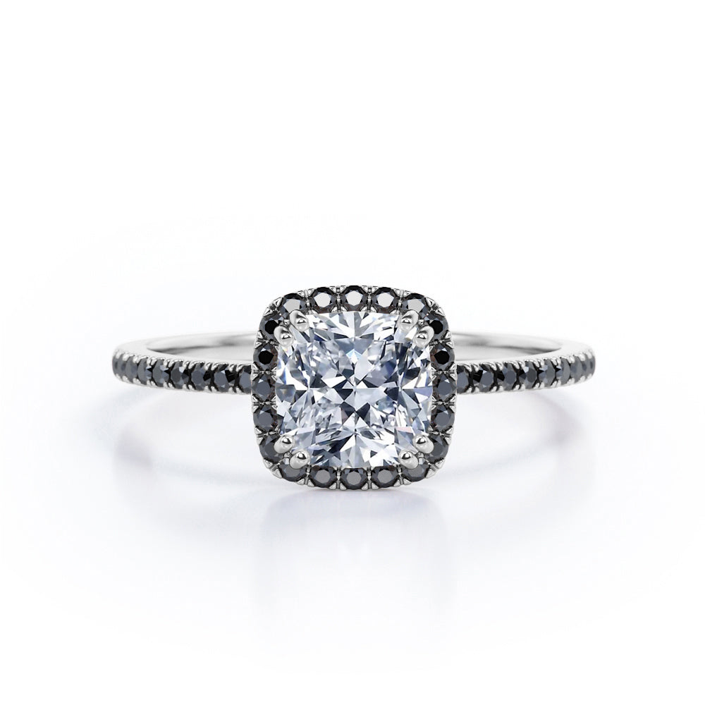 Classic Halo Setting - 1.5 TCW Cushion Cut Moissanite with Lab Created Black Diamond - Pave Style Engagement Ring in Black Gold