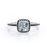 Classic Halo Setting - 1.5 TCW Cushion Cut Moissanite with Lab Created Black Diamond - Pave Style Engagement Ring in Black Gold