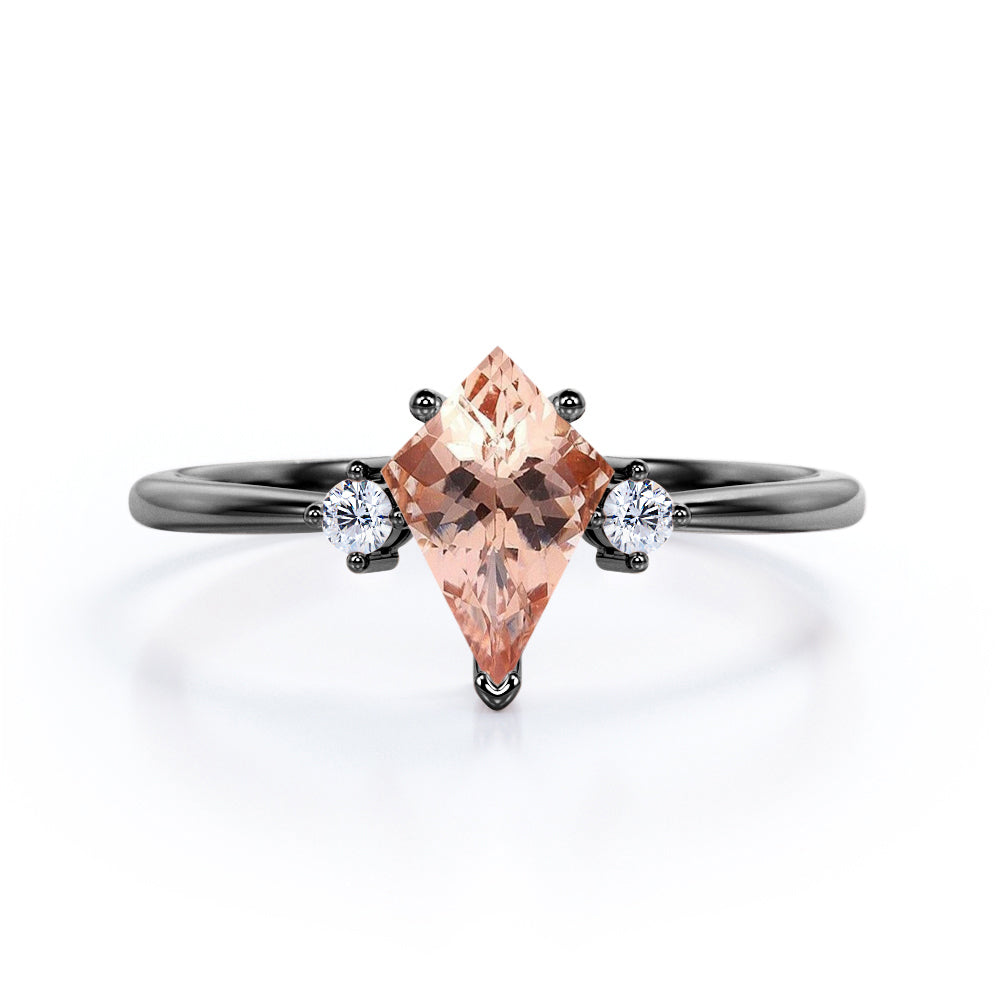 Minimalist Three Stone 0.55 carat Kite Morganite and Moissanite Engagement Ring in Rose Gold