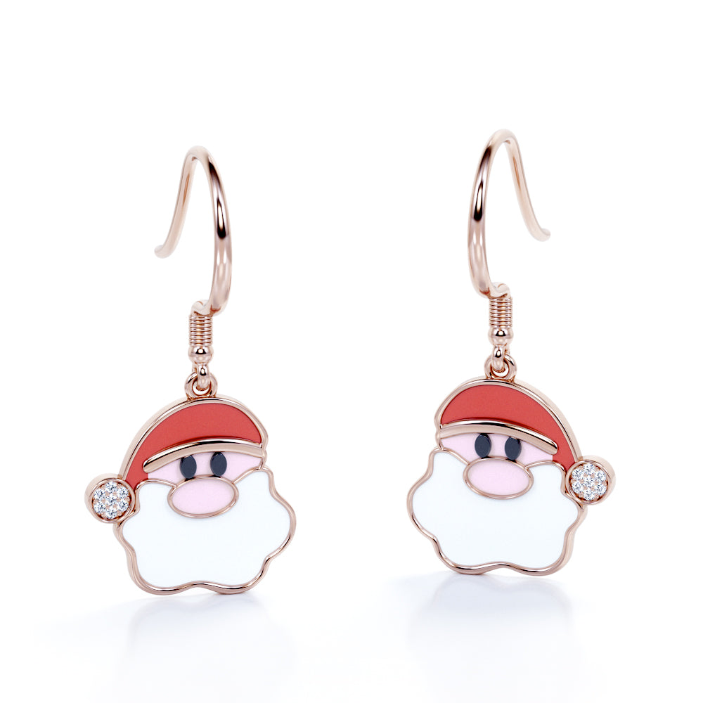 Christmas Santa Claus Certified Lab Diamond Enamel Wire Hook Earrings in 18K White Gold Plating over Silver