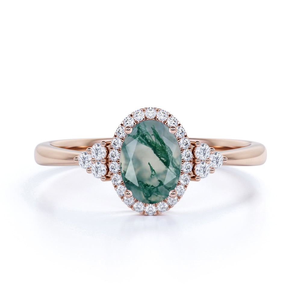 Classic Huge 1.50 Carat Oval Cut Tumbled Milky White Dendritic Moss Green Agate and Diamond Halo Cluster Engagement Ring