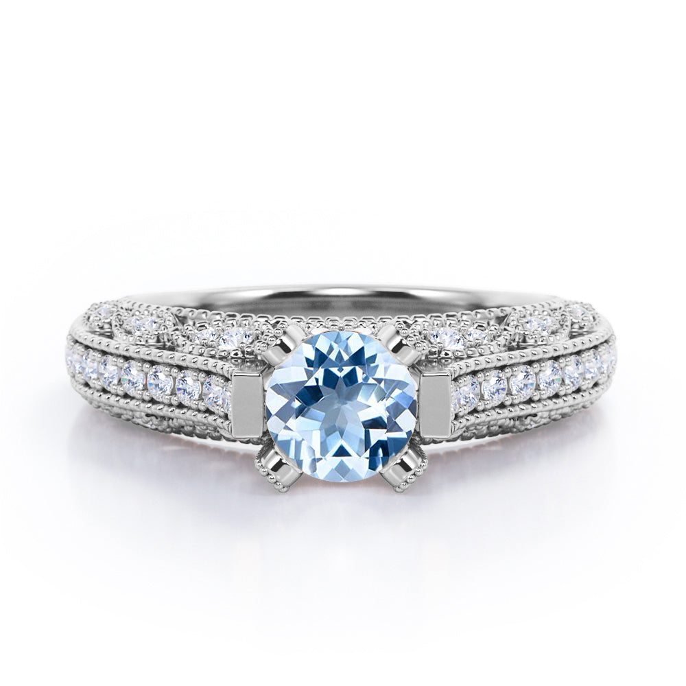 Beaded Four Prongs 1.40 Carat Round Cut Aquamarine And Diamond Vintage Art Deco Engagement Ring In Rose Gold