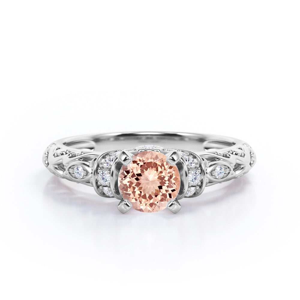 Unique Four Prong 1.15 Carat Round Cut Morganite And Diamond Art Deco Engagement Ring In Rose Gold