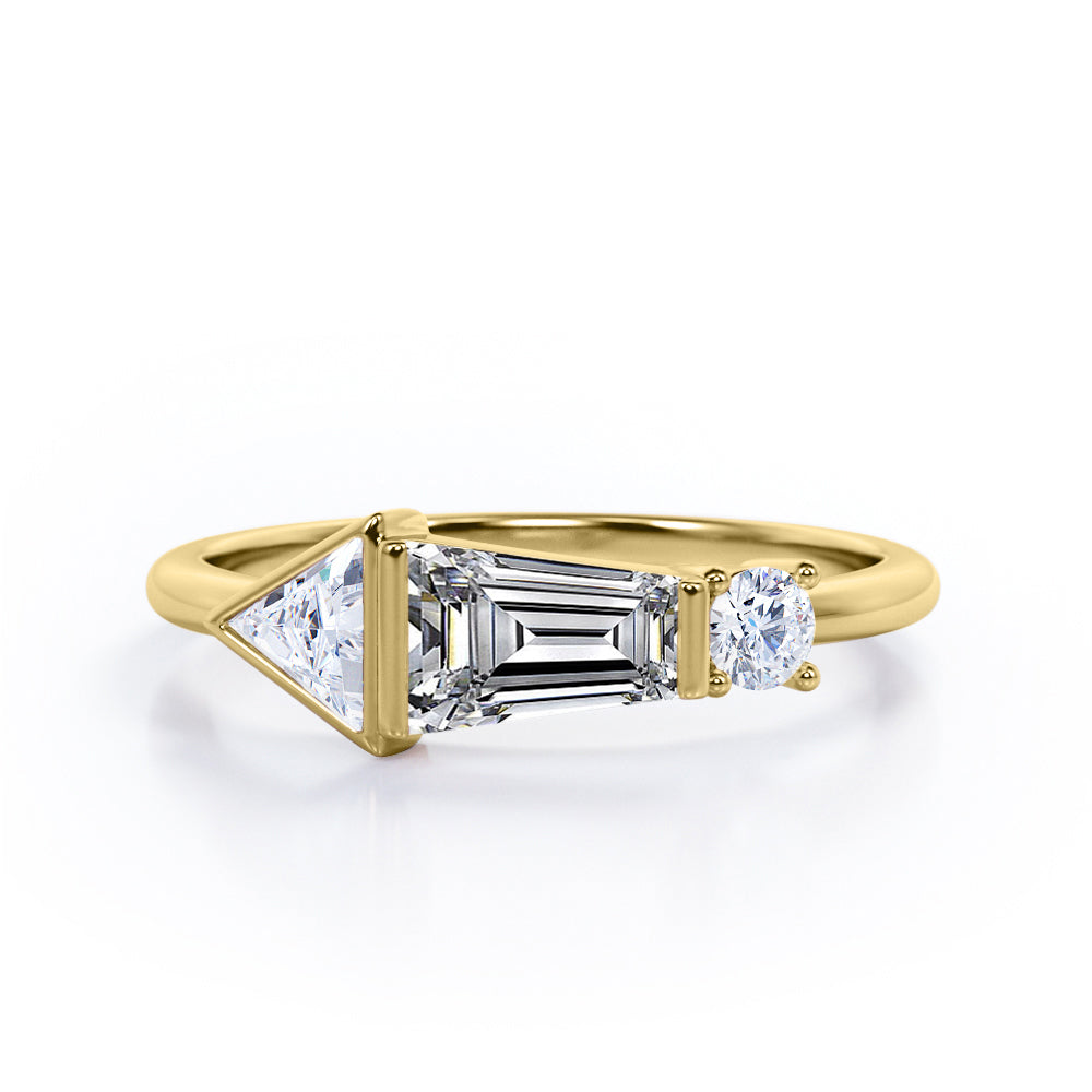 Lovely House Three Stone Baguette Cubic Engagement Ring in Rose Gold