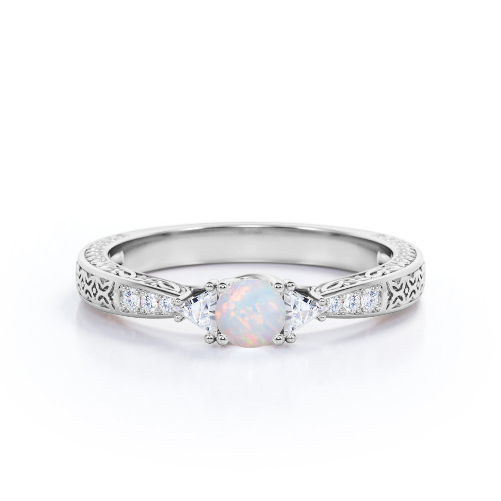 Delicate Four Prong 1.25 Carat Round Cut Fire Opal And Diamond Vintage Filigree Engagement Ring In Rose Gold