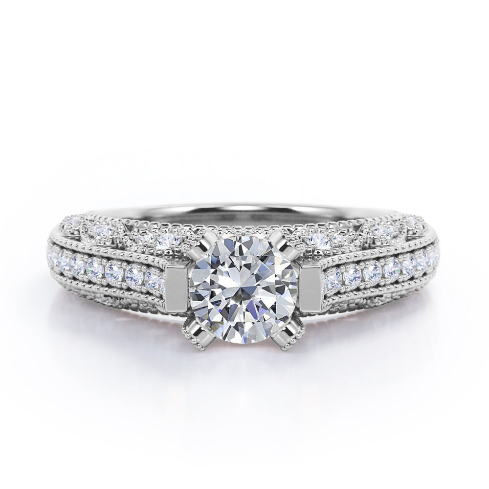 Beaded Four Prongs 1.40 Carat Round Cut Moissanite And Diamond Vintage Art Deco Engagement Ring In Rose Gold