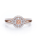 Double Halo Cluster 1.8 Carat Round-Shaped Morganite and diamond Split-Shaked Milgrain Pave Engagement Ring in Rose Gold