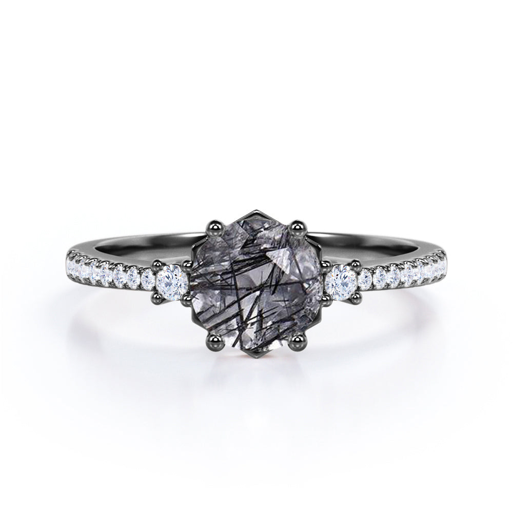 1.35 ct Round Black Rutilated Quartz Pave Engagement Ring