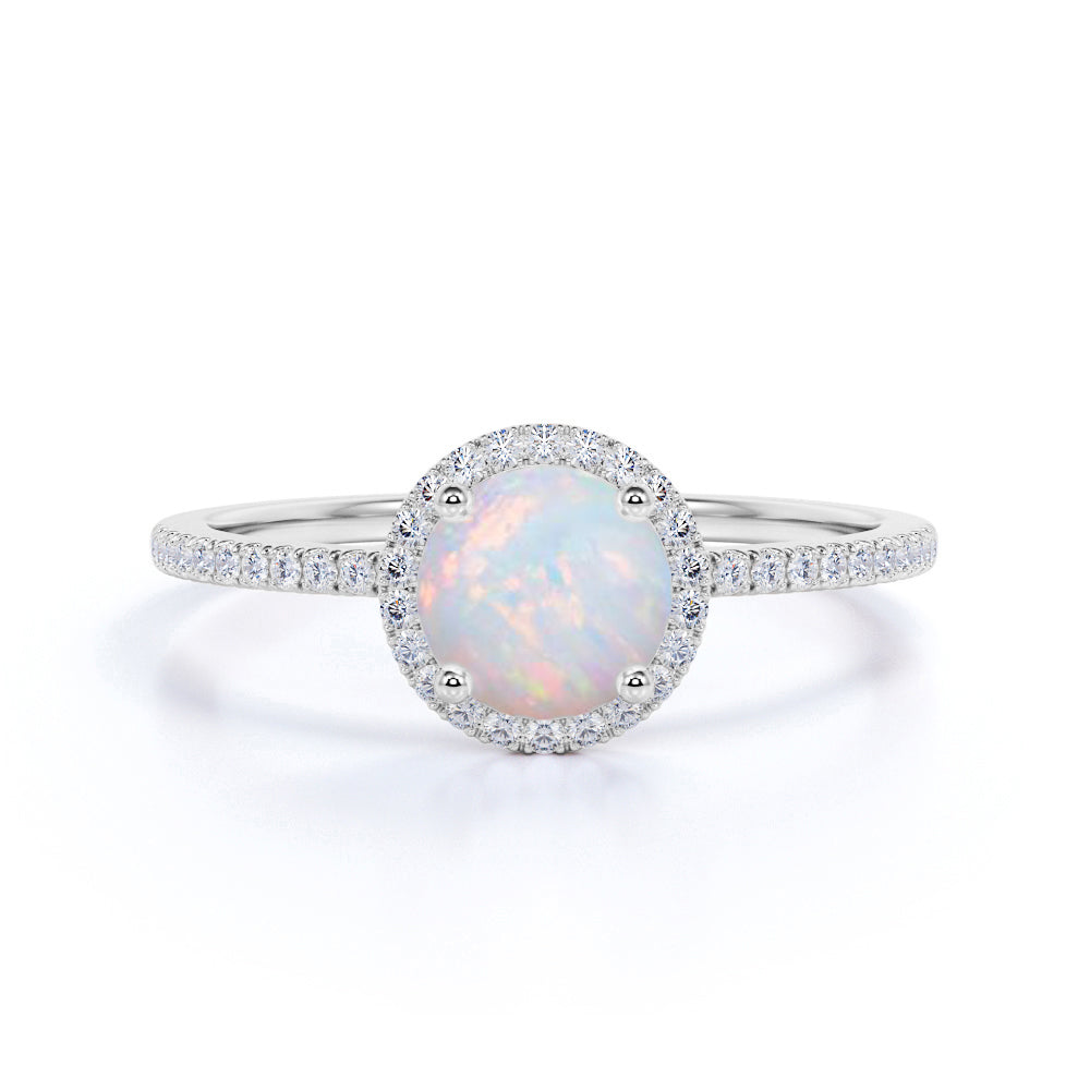 Bestselling Design 1.50 Carat Round Cut Fire Opal and Diamond Halo Engagement Ring in Rose Gold