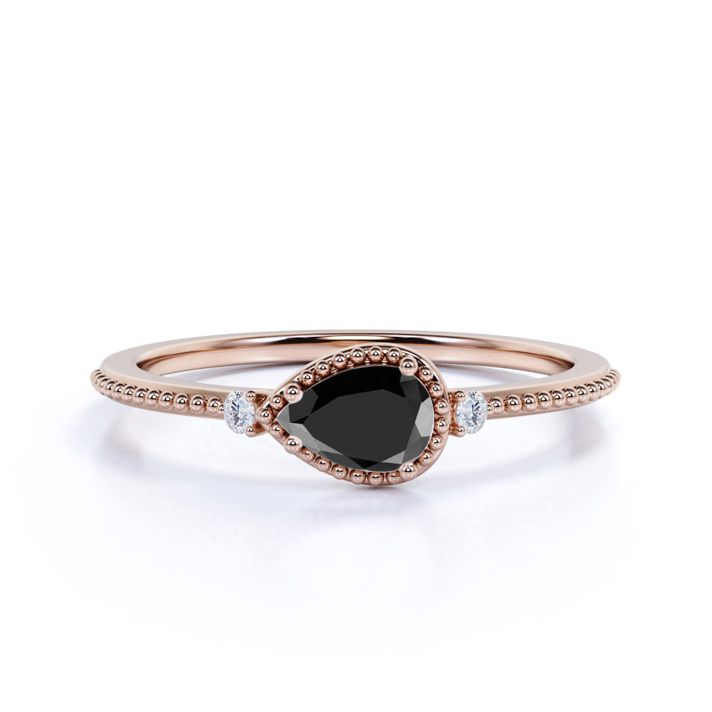 Sideways 1.10 Carat Pear Lab Black Diamond and 3 Stone Elegant Engagement Ring in White Gold