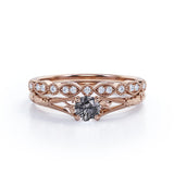 Antique Intricate Leaf Design 1.50 Carat Round Solid Dendritic Black Rutilated Quartz and Diamond Filigree Art Deco Band Wedding Ring Sets - Bridal Set Rings