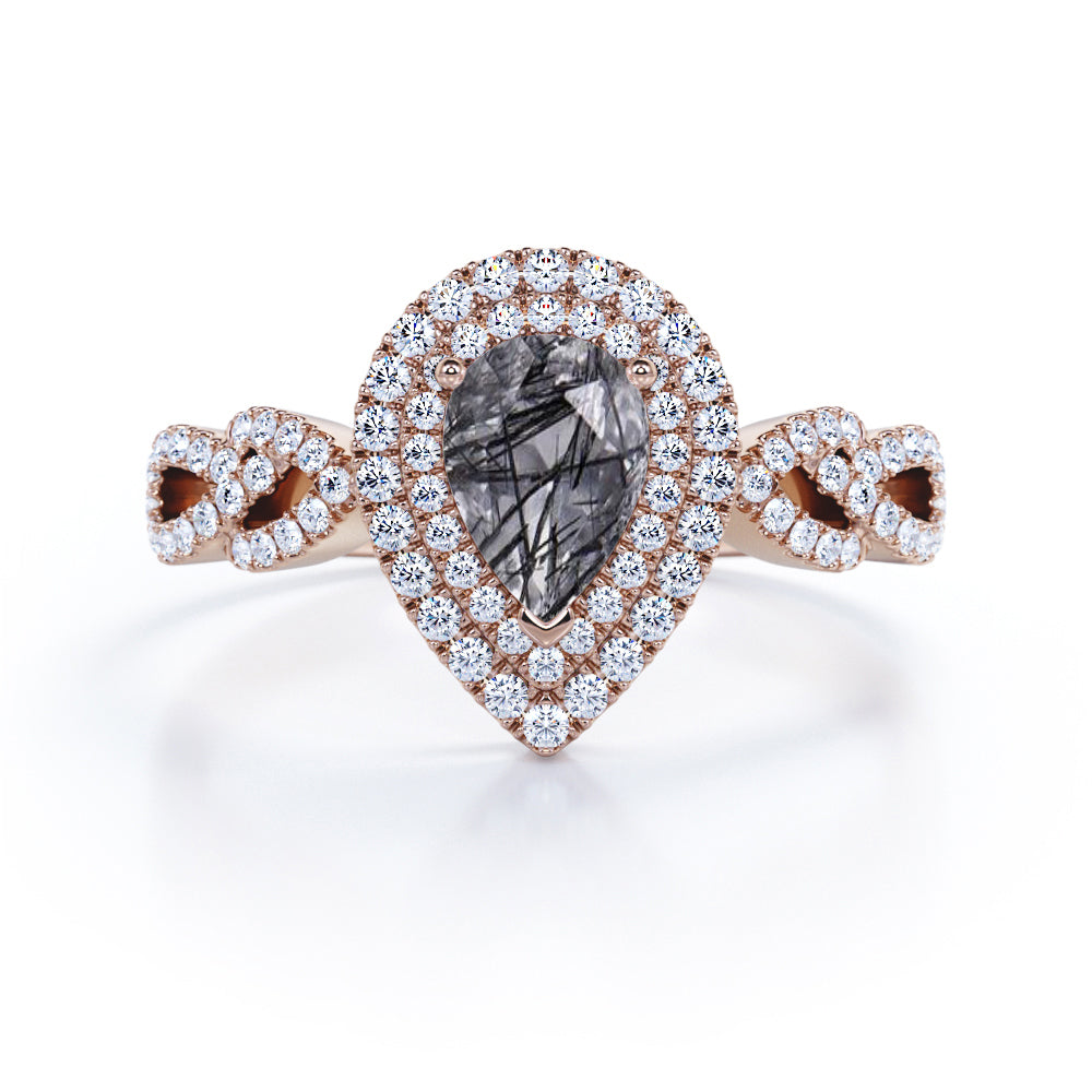 Double Halo 1.60 Carat Tear Drop Genuine Black Rutilated Quartz And Diamond Twisted Engagement Ring In White Gold For Her