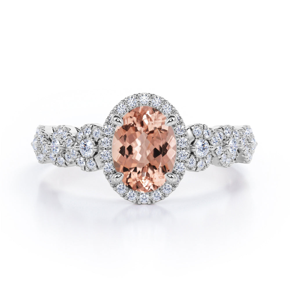 Twisted 1.45 Carat Oval Cut Morganite And Diamond Halo Engagement Ring In Rose Gold