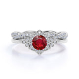 Infinity Flower Design 2.25 Carat Round Cut Lab Ruby and Diamond Halo Wedding Set in White Gold