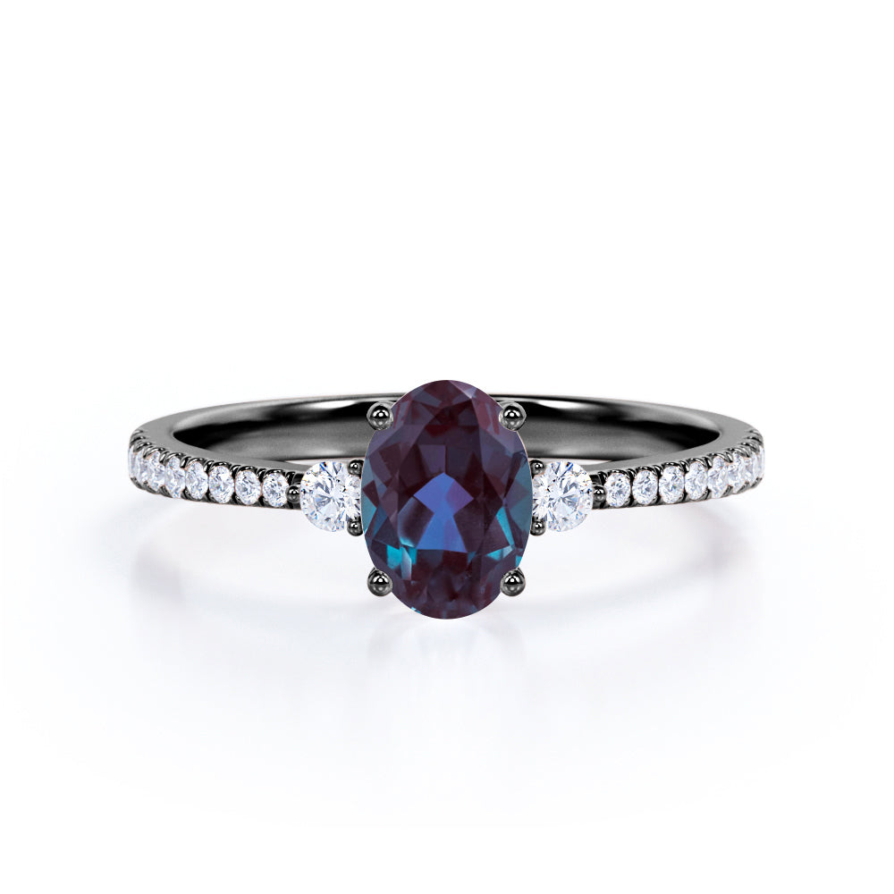 Affordable 1.40 Carat Oval Cut Lab Created Alexandrite And Diamond Four Prong Pave Engagement Ring In White Gold