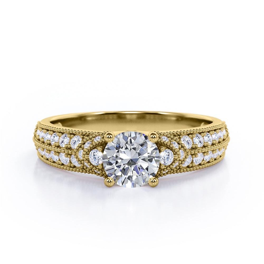 Antique 4 Prong 1.50 Carat Round Cut Moissanite And Diamond Vintage Milgrain Layered Engagement Ring In White Gold