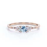 Modern 4 Prong 1.25 Carat Round Cut Genuine Vivid Blue Aquamarine and Diamond Cluster Engagement Ring