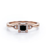 Prong and Halo 0.6 carat Princess Black Diamond Twisted Shank Engagement Ring in White Gold
